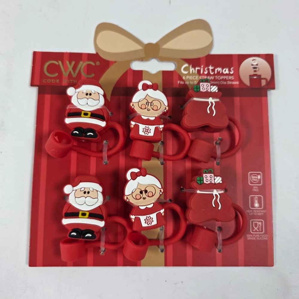 CWC Christmas Silicone Straw Toppers 6pc Santa Mrs Claus BPA Free
